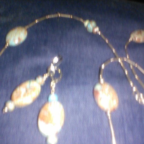 African Turquoise / Sterling Silver 20" Necklace / Earrings - Picture 4 of 7